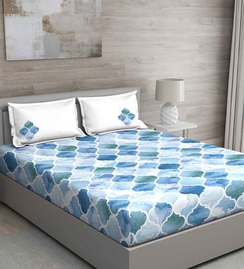 Blue Traditional 150 TC Cotton Queen Sized Bed Sheets with 2 Pillow Covers by GM Fabrics