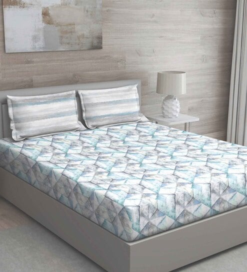 Blue Abstract 150 TC Cotton Queen Sized Bed Sheets with 2 Pillow Covers by GM Fabrics