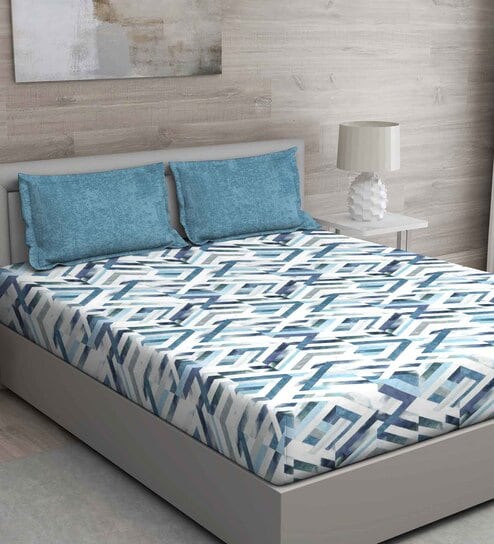 Blue Abstract 150 TC Cotton Queen Sized Bed Sheets with 2 Pillow Covers by GM Fabrics