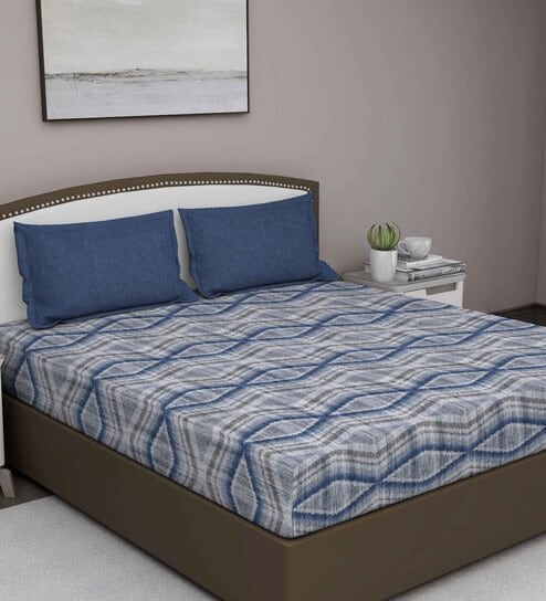 Blue Geometric 180 TC Cotton Queen Sized Bed Sheets with 2 Pillow Covers by GM Fabrics