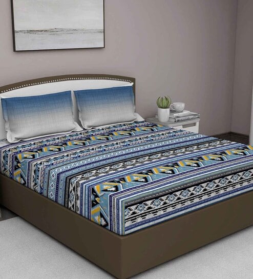 Blue Traditional 210 TC Cotton King Sized Bed Sheets with 2 Pillow Covers by GM Fabrics