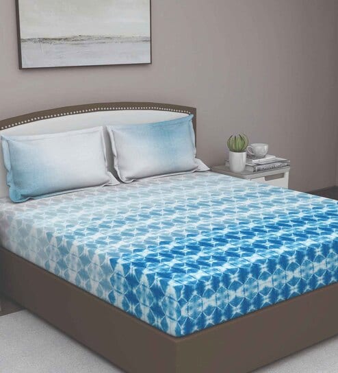Blue Geometric 210 TC Cotton Queen Sized Bed Sheets with 2 Pillow Covers by GM Fabrics