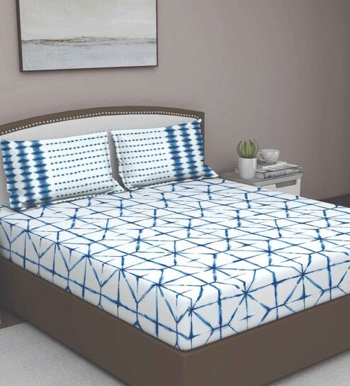 Blue Geometric 210 TC Cotton Queen Sized Bed Sheets with 2 Pillow Covers by GM Fabrics