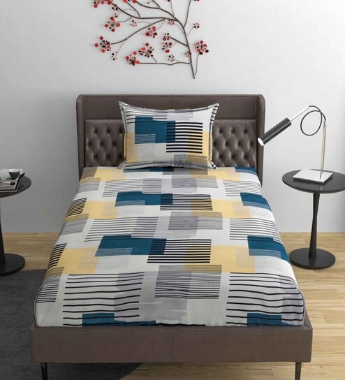 Blue Geometric 220 TC Cotton Blend Fitted Single Sized Bedsheet With 1 Pillow Cover