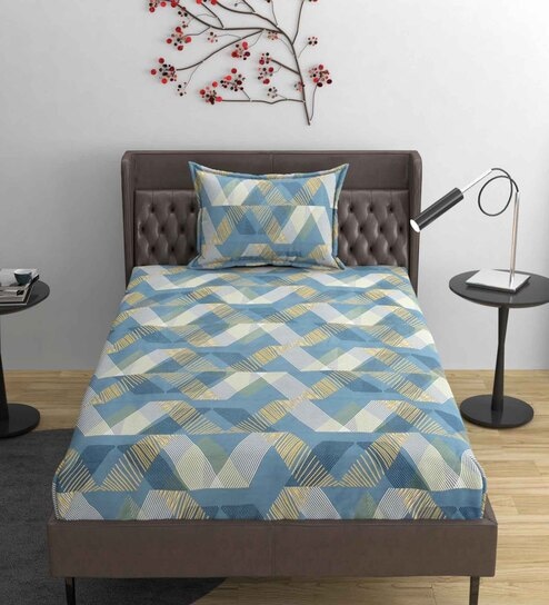 Blue Geometric 220 TC Cotton Blend Fitted Single Sized Bedsheet With 1 Pillow Cover