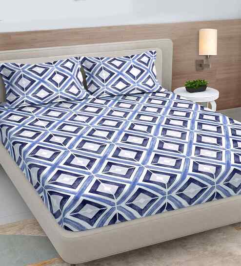 Blue Geometric 300 TC Cotton Blend King Size Double Bedsheet with 2 Pillow Covers