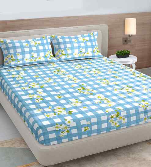 Blue Geometric 300 TC Cotton Blend King Size Double Bedsheet with 2 Pillow Covers