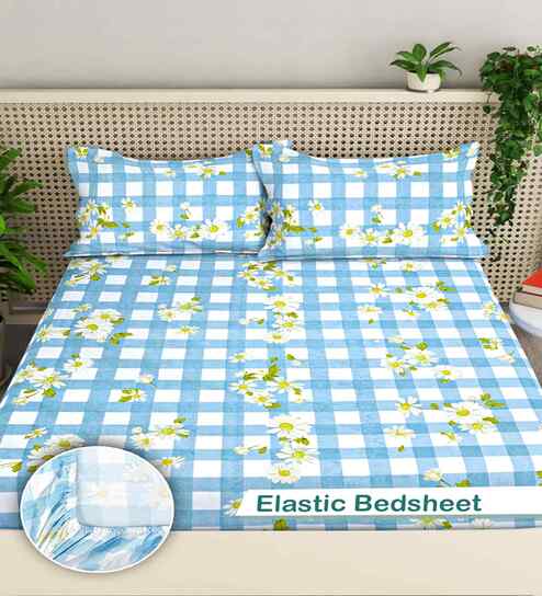 Blue Geometric 300 TC Cotton Blend King Size Fitted Double Bedsheet with 2 Pillow Covers