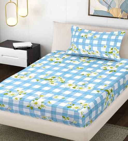 Blue Geometric 300 TC Cotton Blend Single Bedsheet with 1 Pillow Cover