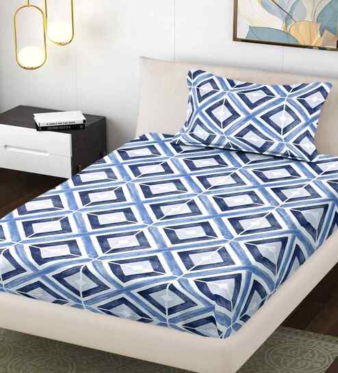 Blue Geometric 300 TC Cotton Blend Single Bedsheet with 1 Pillow Cover
