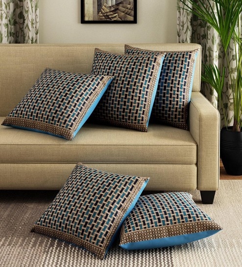 Blue Chenille Checkered 16x16 inches Cushion Cover (5Pc)