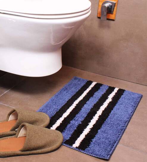 Blue Geometric Microfibre 23x15 Inches AntiSkid Bath Mat by Luxe Home International