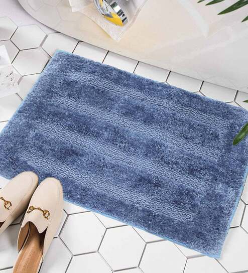 Blue Geometric Microfibre 24x16 Inches AntiSkid Bath Mat by Luxe Home International