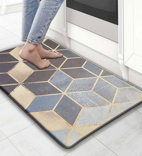 Blue Geometric Microfibre 30x18 Inches Anti Skid Door Mat