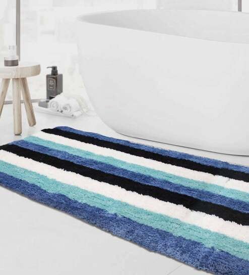 Blue Geometric Microfibre 36x24 Inches AntiSkid Bath Mat by Luxe Home International
