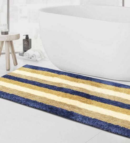Blue Geometric Microfibre 36x24 Inches AntiSkid Bath Mat by Luxe Home International
