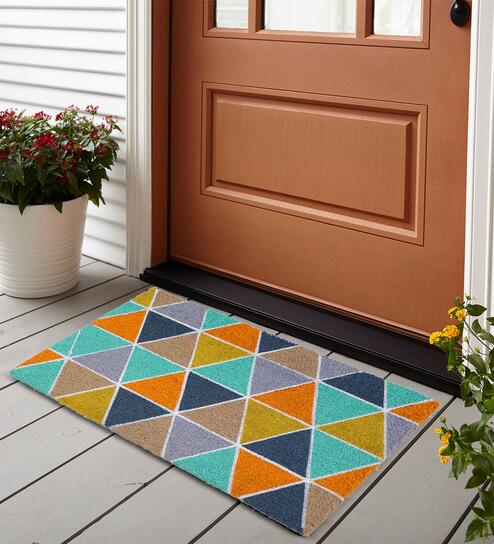 Blue Geometric Pattern Coir 30x18 Inches Antiskid Door Mat