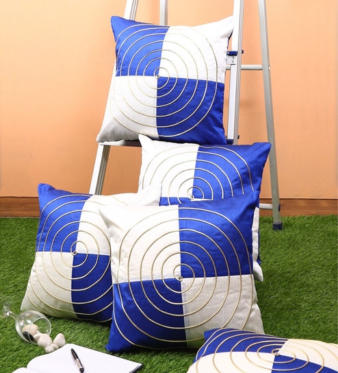 Blue Polyester Geometric 16x16 inches Cushion Cover (5Pc)-image-34