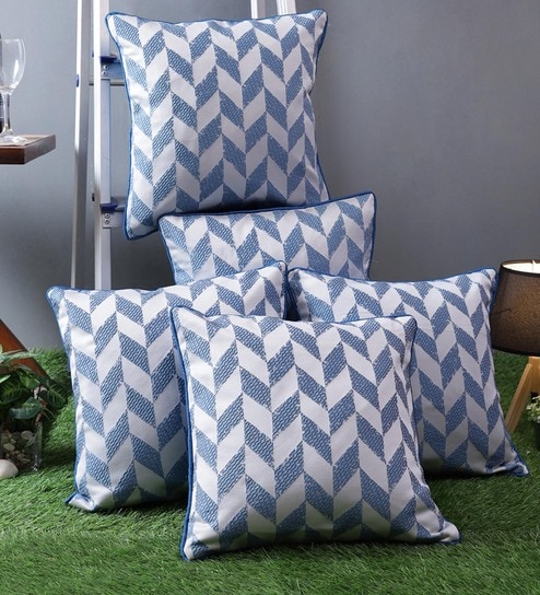 Blue Polyester Geometric 16x16 inches Cushion Cover (5Pc)