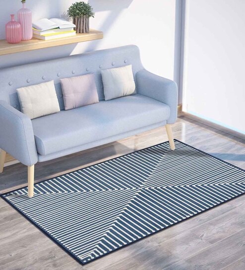 Blue Geometric Polyester 5 ft x 7 ft Machine made Carpet