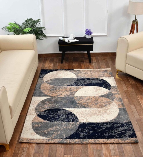 Blue Geometric Polyester 5 x 7 Feet Machine Made Carpet