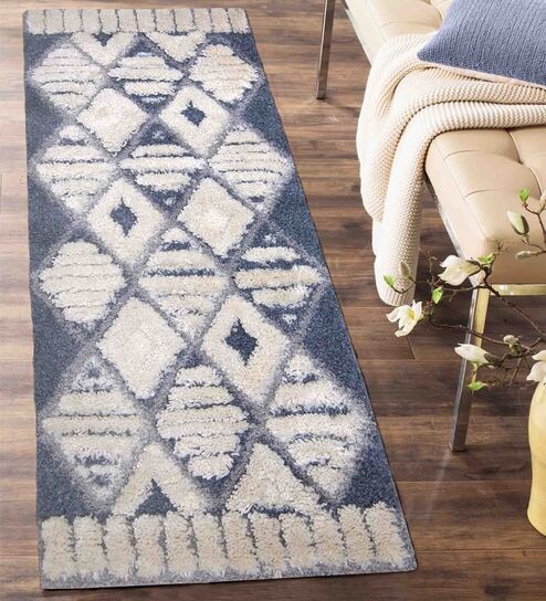 Blue Geometric Polyester 59x32 Inches Machine Made Floor Runner By Obsessions
