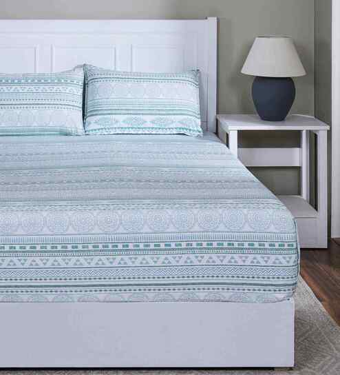Blue Geometric Print 144 TC Cotton Double Bed Fitted Sheet with 2 Pillow Case Sensory Bloom Collection
