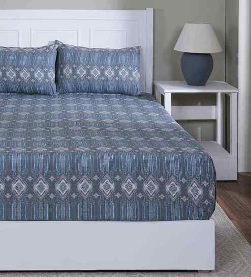 Blue Geometric Print 144 TC Cotton Double Bed Fitted Sheet with 2 Pillow Case Sensory Bloom Collection