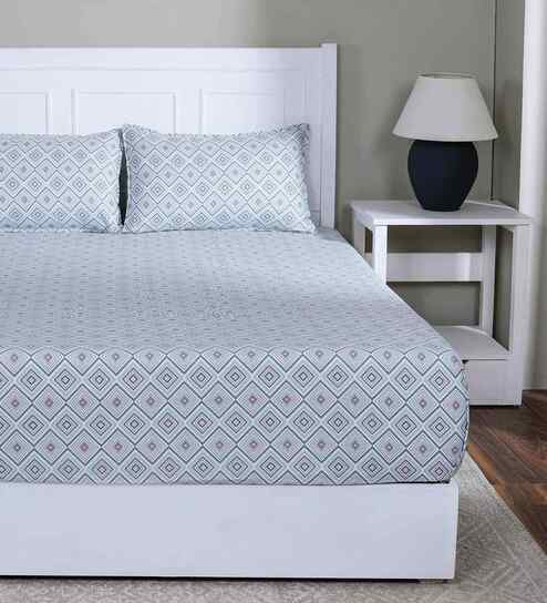 Blue Geometric Print 144 TC Cotton Double Bed Fitted Sheet with 2 Pillow Case Sensory Bloom Collection