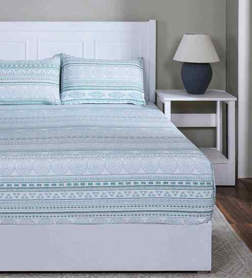 Blue Geometric Print 144 TC Cotton Single Bed Fitted Sheet with 1 Pillow Cover Sensory Bloom Collection
