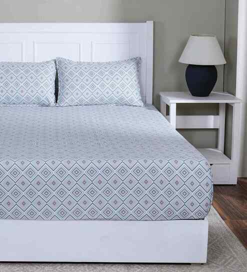 Blue Geometric Print 144 TC Cotton Single Bed Fitted Sheet with 1 Pillow Cover Sensory Bloom Collection