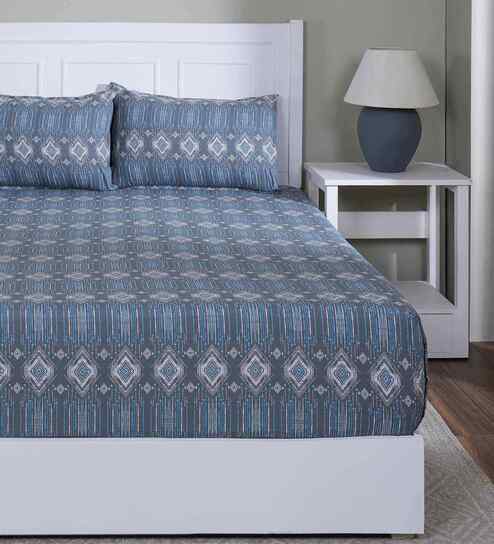 Blue Geometric Print 144 TC Cotton Single Bed Fitted Sheet with 1 Pillow Cover Sensory Bloom Collection