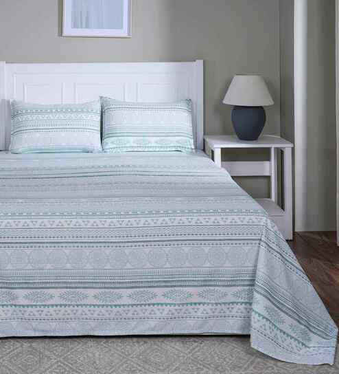 Blue Geometric Print 144 TC Cotton Single Bed Sheet with 1 Pillow Cover Sensory Bloom Collection