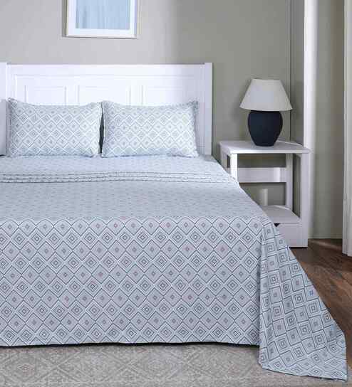 Blue Geometric Print 144 TC Cotton Single Bed Sheet with 1 Pillow Cover Sensory Bloom Collection