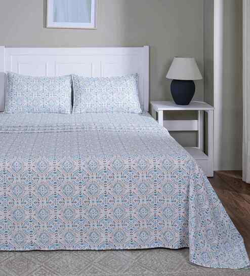 Blue Geometric Print 144 TC Cotton Single Bed Sheet with 1 Pillow Cover Sensory Bloom Collection