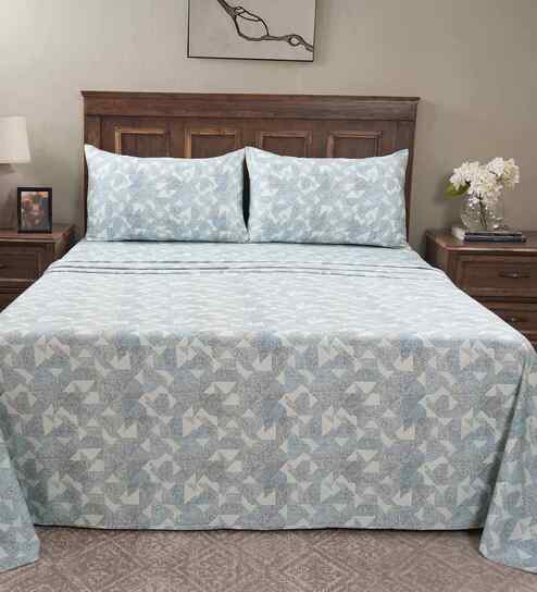 Blue Geometric Print 200 TC Cotton Double Bed Sheet with 2 Pillow Covers Eclectic Geo Collection