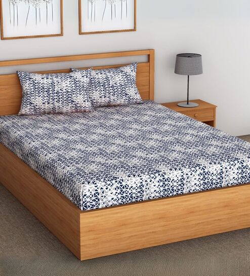 Blue Geometric Printed Fitted Bedsheet for 72 x 78 Inches Mattress with 6 Inch Depth