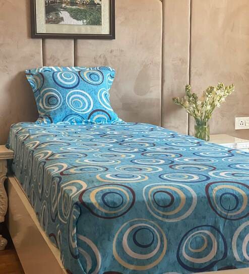 Blue Geometric 141 TC 100% Cotton Single Bed Sized Bed Sheets With 1 Pillow Cover by Bells & Whistles