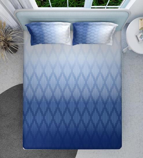 Blue Geometrical 144 TC Cotton Queen Sized Double Bedsheet with 2 Pillow Covers Ombre Bliss Collection