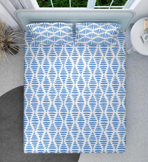 Blue geometrical 144 TC Cotton Queen Sized Double Bedsheet with 2 Pillow Covers Pebble Drift Collection
