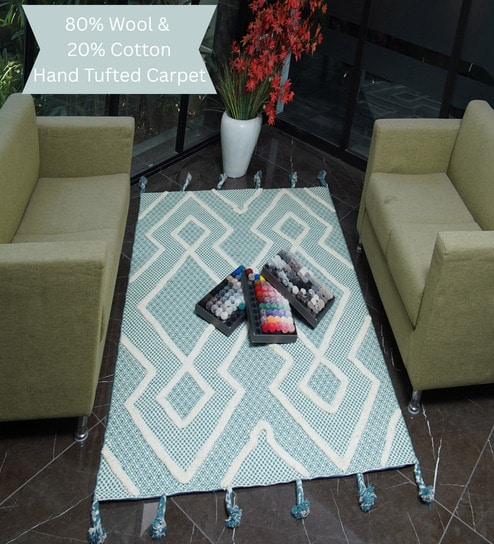 Blue Geometrical Wool Hand Tufted Carpet