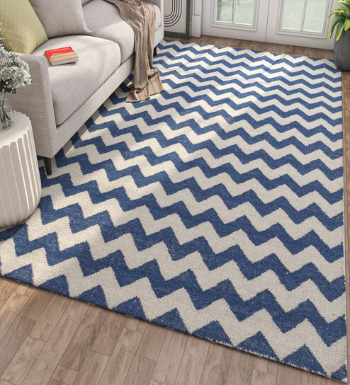 Blue Geometrical Wool 4 ft X 6 ft Flat Weaves