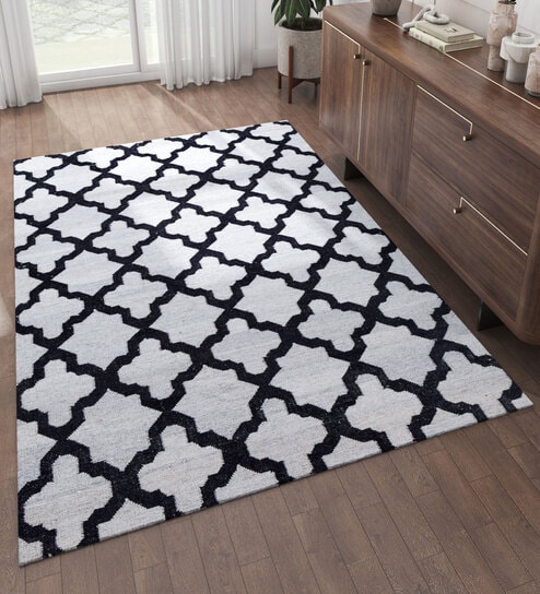 Blue Geometrical Wool 5 ft X 8 ft Flat Weaves