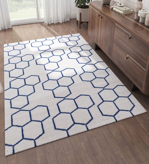 Blue Geometrical Wool 5 ft X 8 ft Flat Weaves