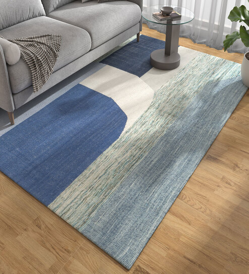 Blue Geometrical Wool 5 ft X 8 ft Flat Weaves
