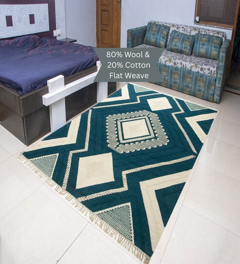the woven legacy Blue Geometrical Wool 7X6 Feet Hand Woven Carpet-picture-22