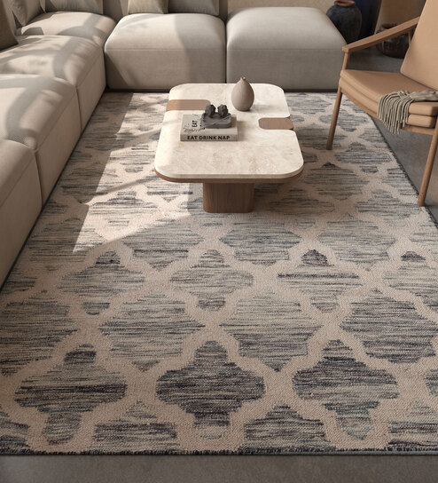 Blue Geometrical Wool and Viscose 5 ft X 8 ft Flat Weaves