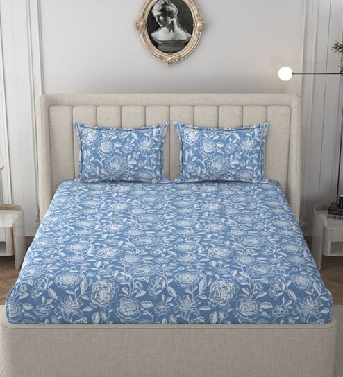 Blue Glace Cotton Floral Print Elastic Fitted King Bedsheet With 2 Pillow Covers