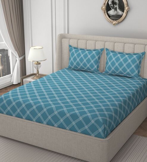 Blue Glace Cotton Geometric Print Elastic Fitted King Bedsheet With 2 Pillow Covers