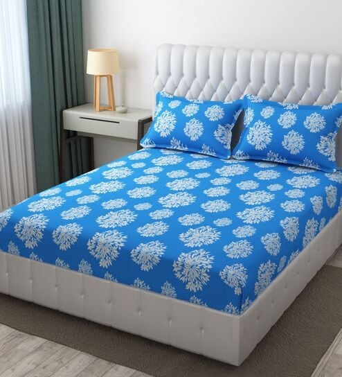 Blue Glace Cotton Polka Print Elastic Fitted King Bedsheet With 2 Pillow Covers